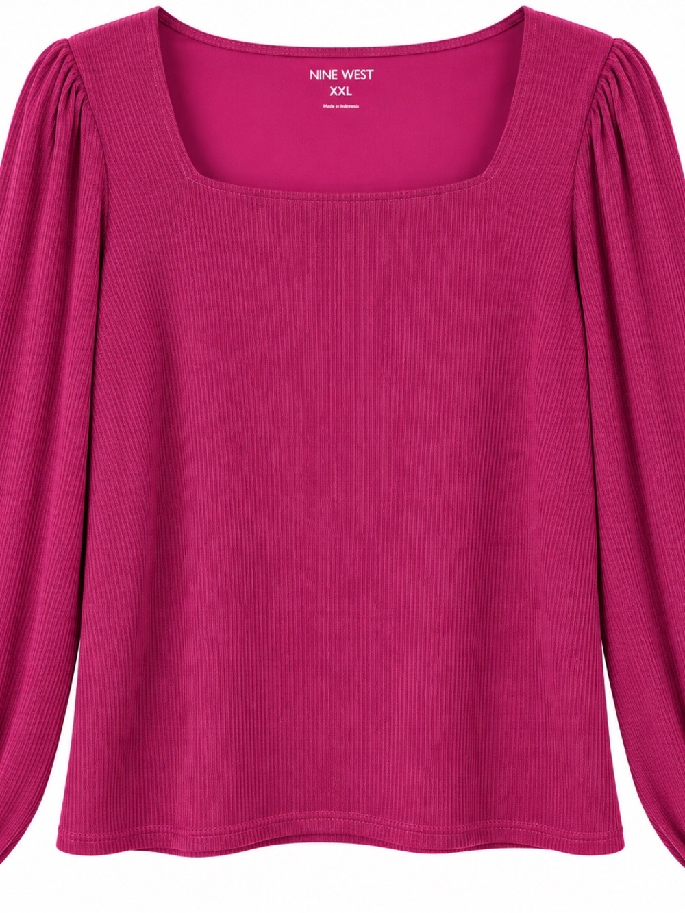 Nine West Magenta Ribbed Square-Neck Long Sleeve Top